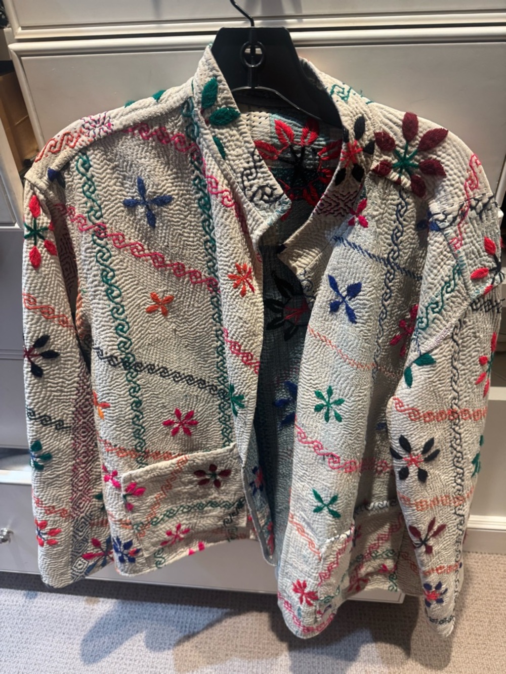 Cream and blue plaid reversible Embroidered Jacket - Women's SaPeyKa